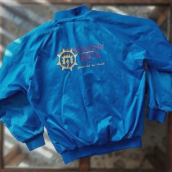 Vtg Y2K Speaking Rock faux satin snap up oversized bomber jacket - Picture 2 of 14